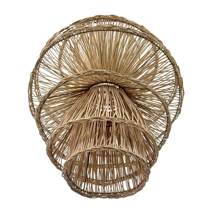 Bottom view of Bunga ceiling lamp highlighting tiered circular rattan structure
