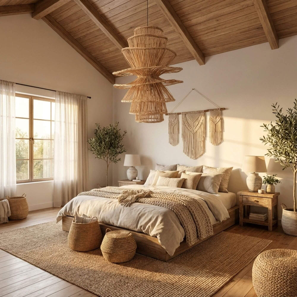 Styled bedroom featuring the bunga ceiling lamp in boho decor