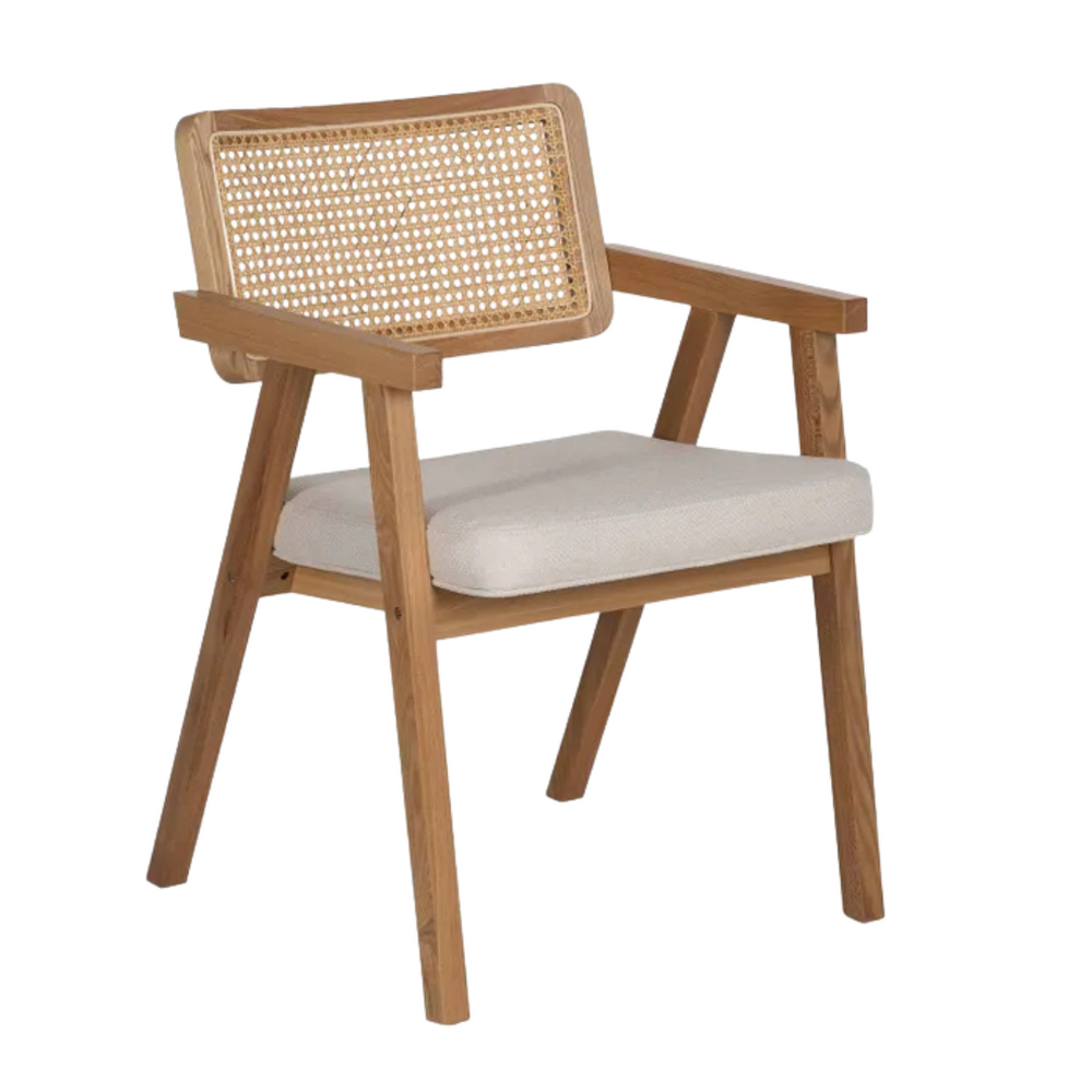 Front view of Burano dining chair in natural wood and rattan.