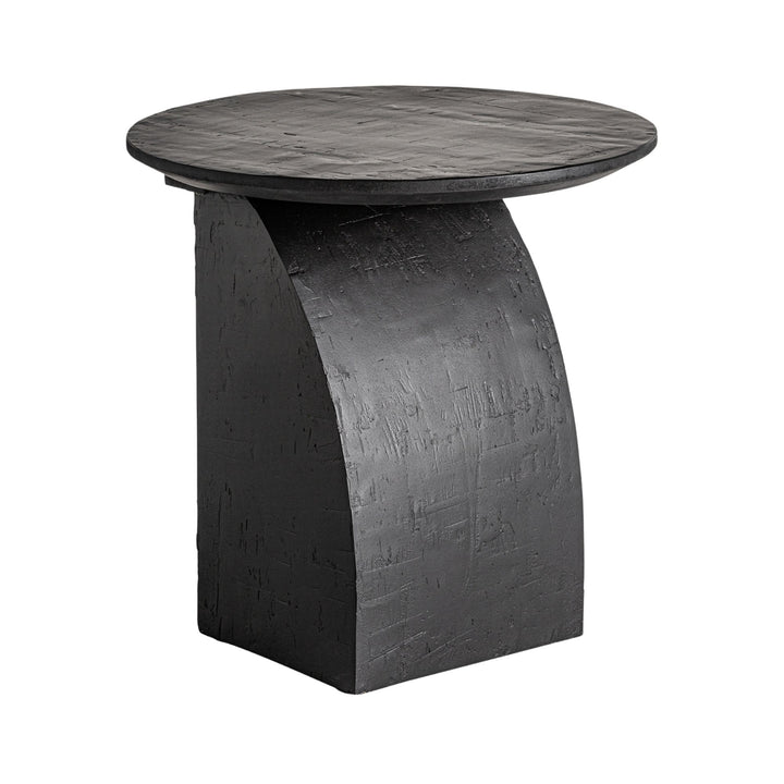 Front view of the Burleigh side table showcasing its sculptural curved base and round top.