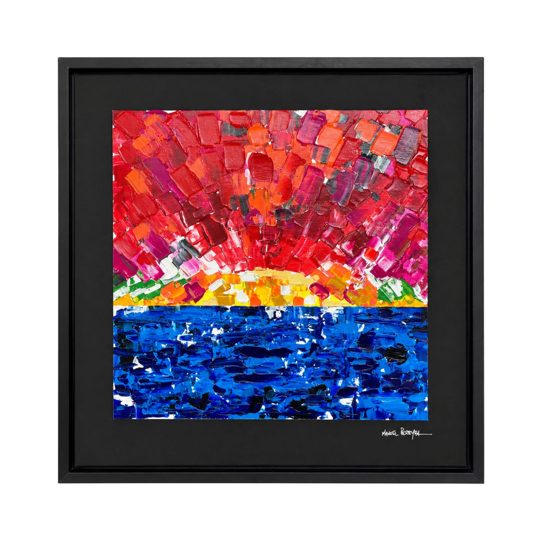 Front view of the Burning Horizon original painting by Manuel Pereyra with fiery red and orange tones above a deep blue textured horizon