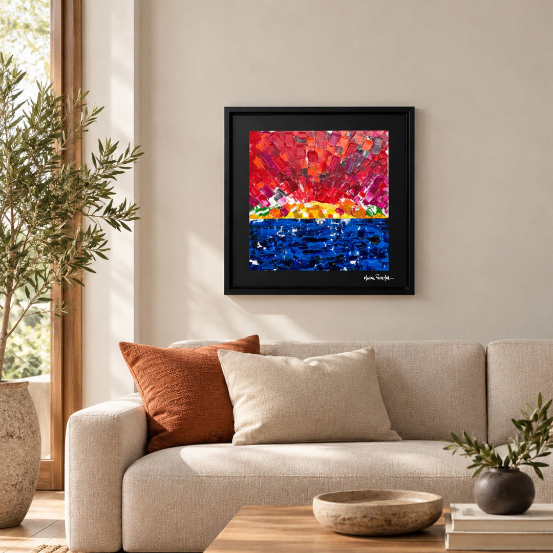Burning Horizon painting by Manuel Pereyra displayed above a neutral sofa in a warm contemporary living room