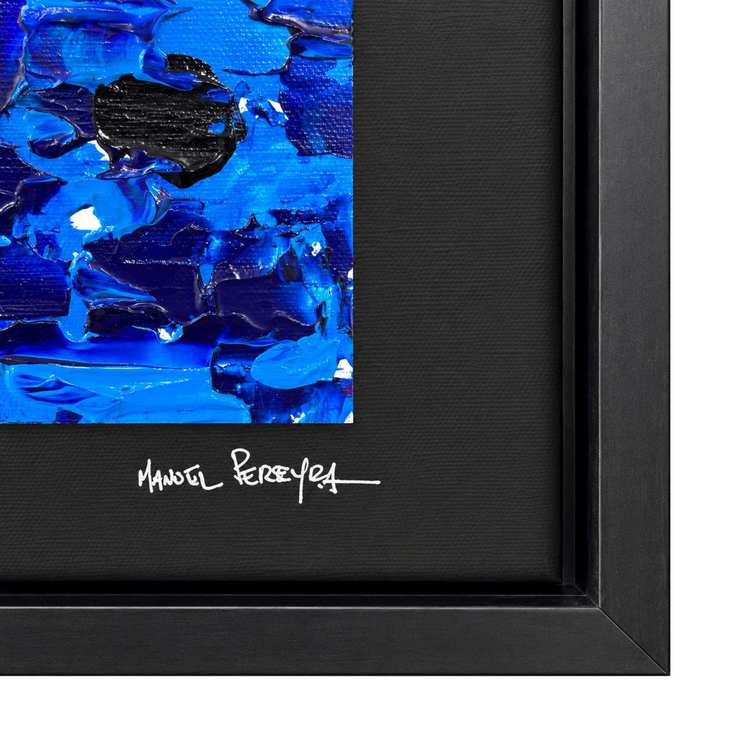 Close-up of the Burning Horizon artwork showing the deep blue mixed-media texture, black border, and artist signature