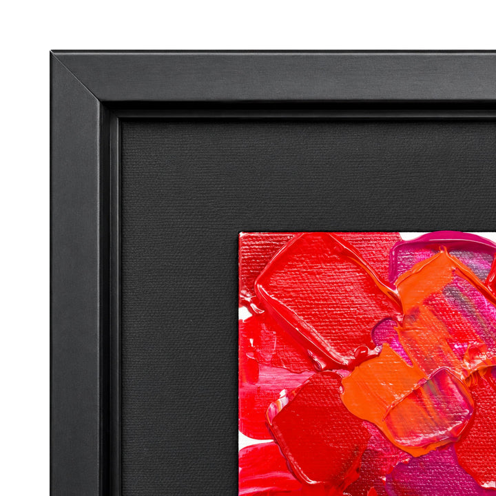 Close-up of the Burning Horizon painting highlighting the vivid red, coral, orange, and magenta textured surface