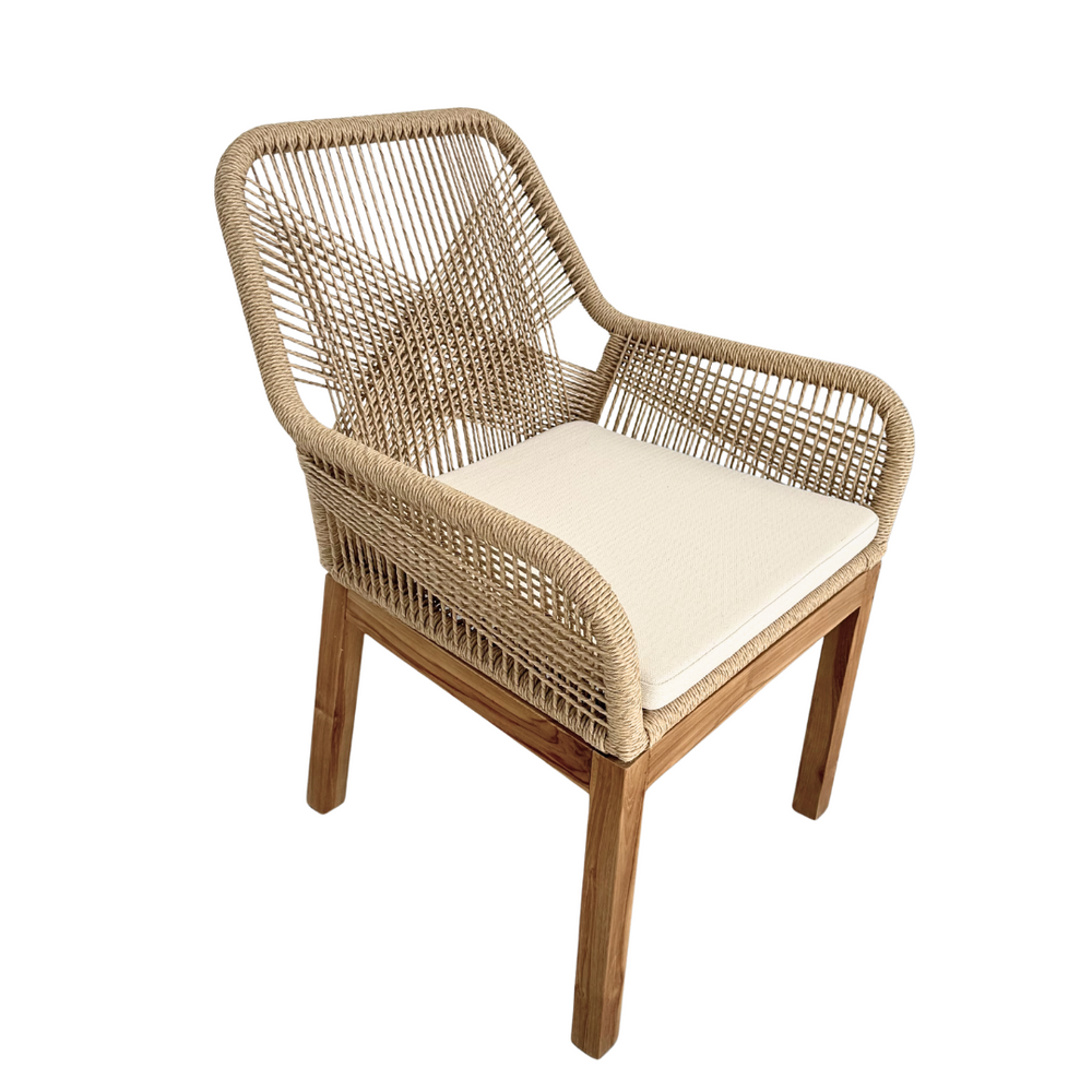 Biyadhoo Dining Chair in teak and beige synthetic rattan, front angle view

