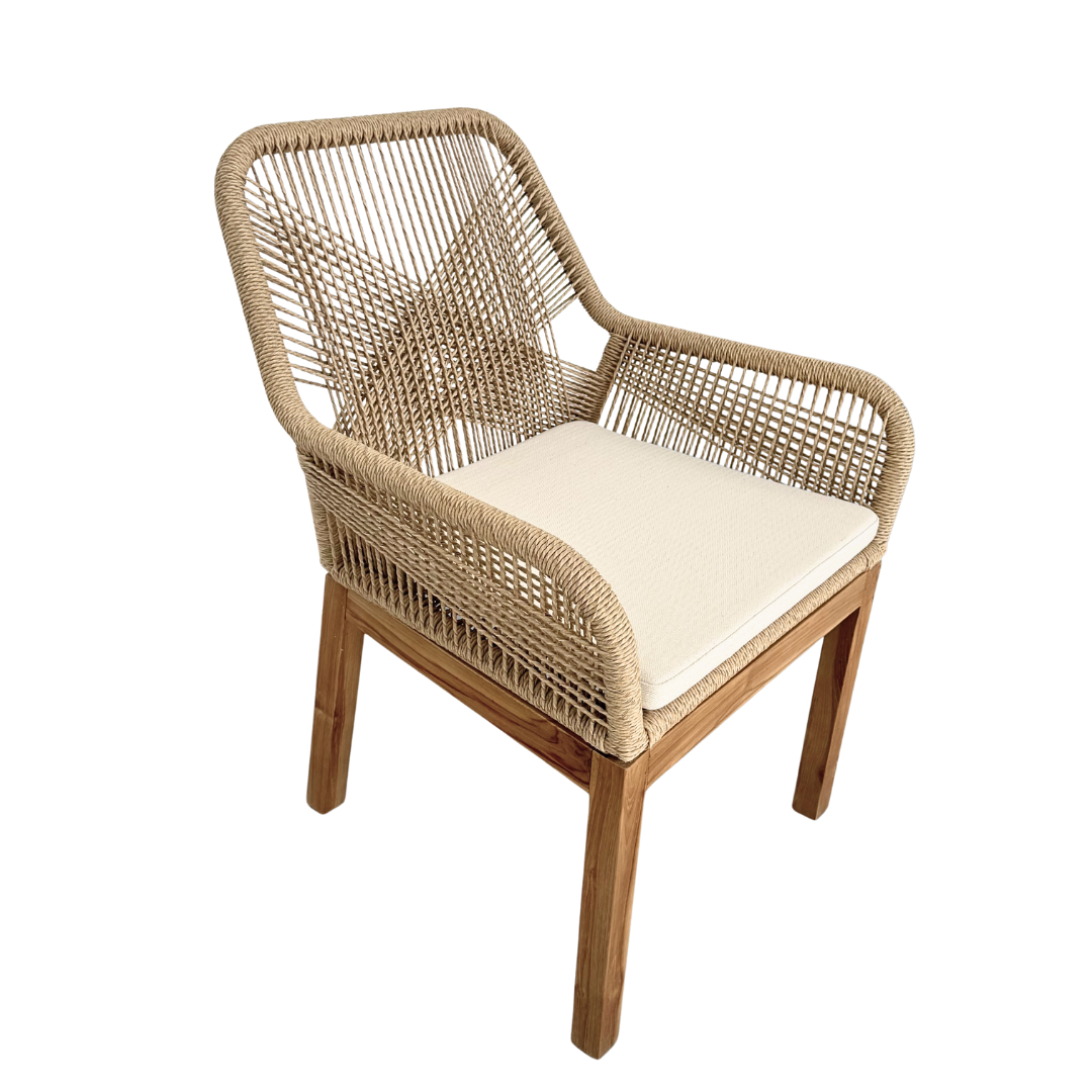 Biyadhoo Dining Chair in teak and beige synthetic rattan, front angle view

