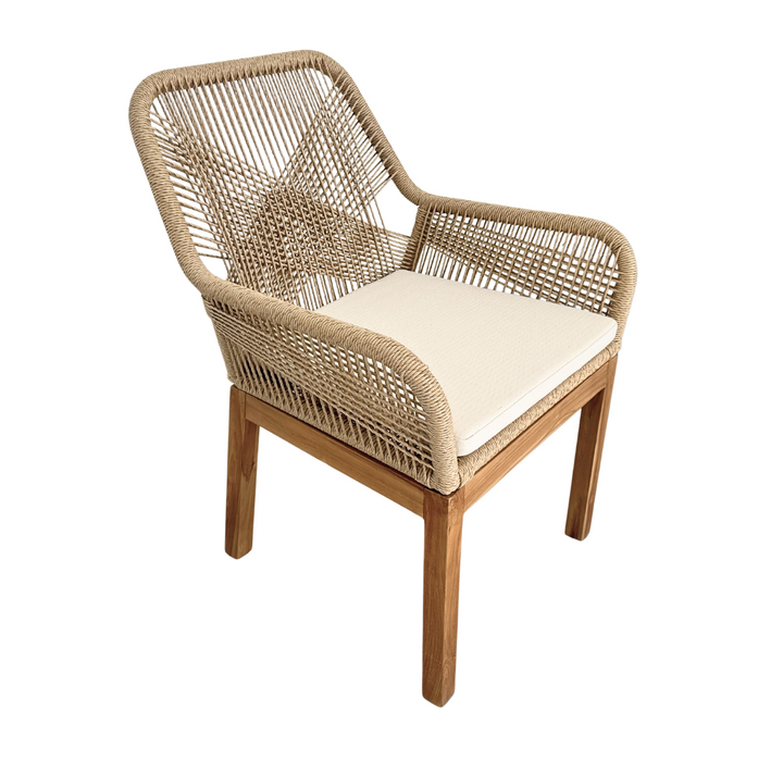 Biyadhoo Dining Chair in teak and beige synthetic rattan, front angle view