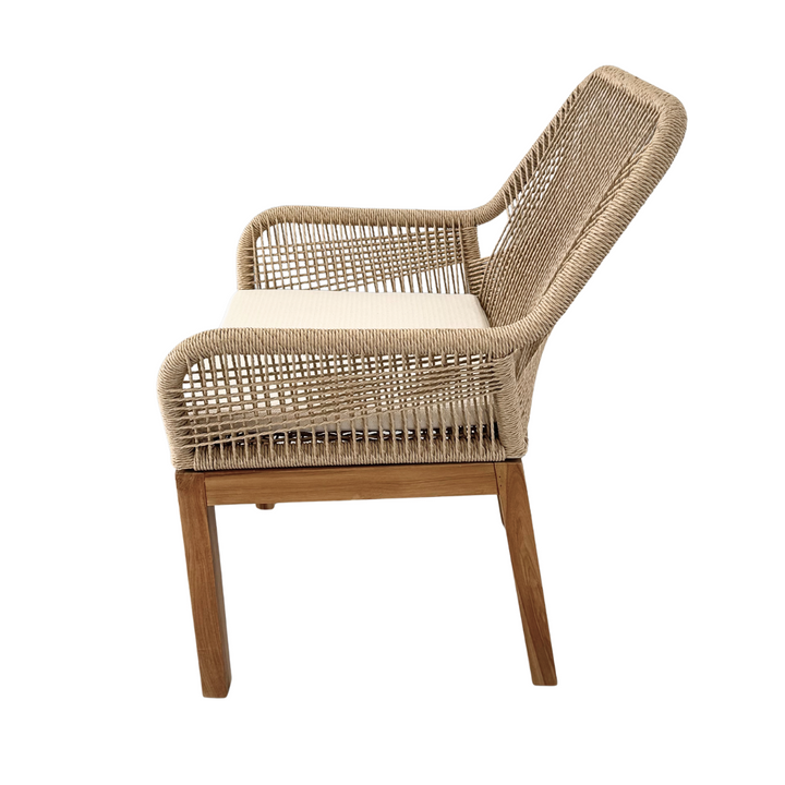 Side profile of Biyadhoo Dining Chair in teak and beige rope