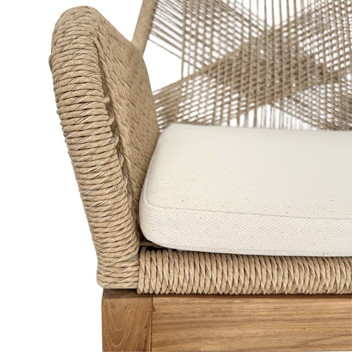 Close-up of woven beige synthetic rattan backrest on Biyadhoo Dining Chair