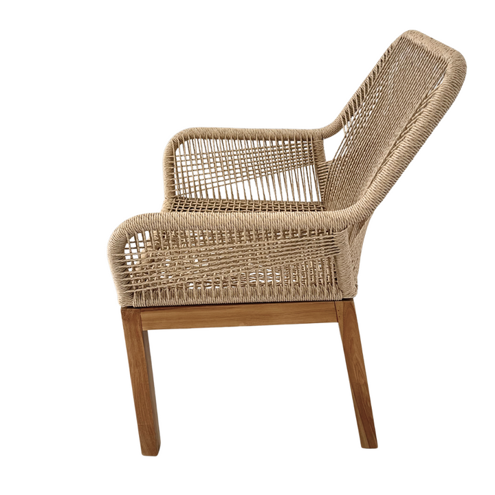 Angled side view of Biyadhoo Dining Chair with teak frame