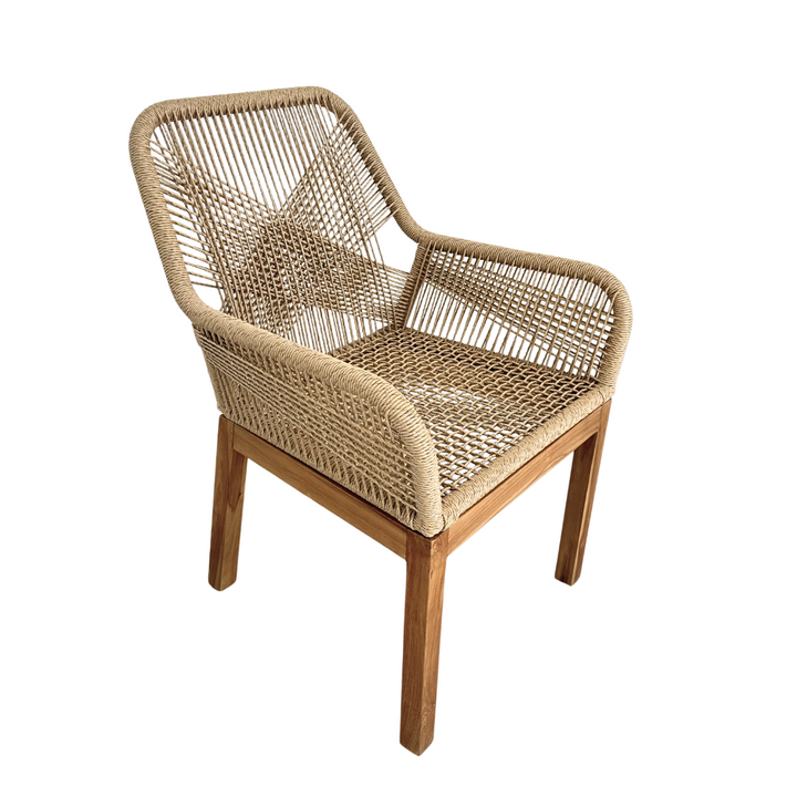 Three-quarter front view of Biyadhoo Dining Chair in natural teak and beige rope
