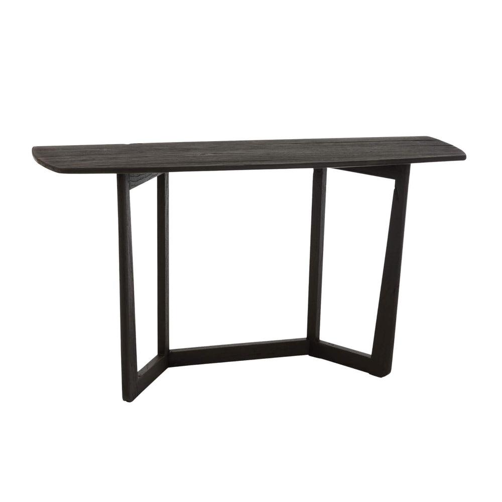 Sleek black acacia console table, angled view.