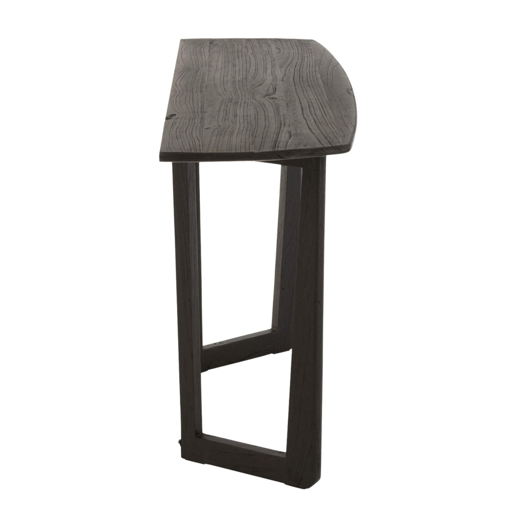 Profile of black acacia console showing tabletop curve.