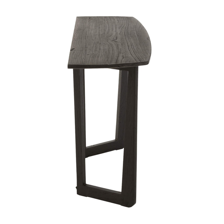Profile of black acacia console showing tabletop curve.
