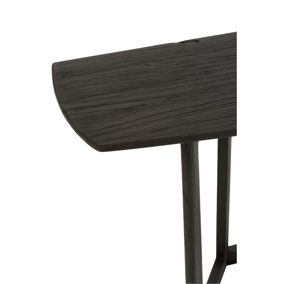 Top-down view of black acacia wood console table.