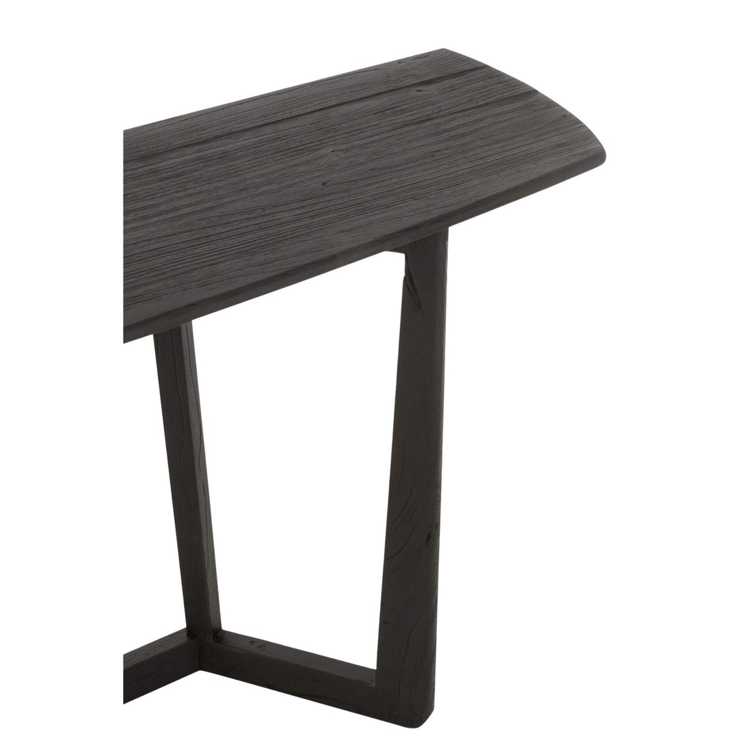Top-down view of black acacia wood console table.