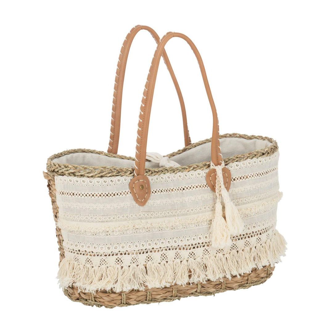 Boho beach basket with leather handles and cotton fringe