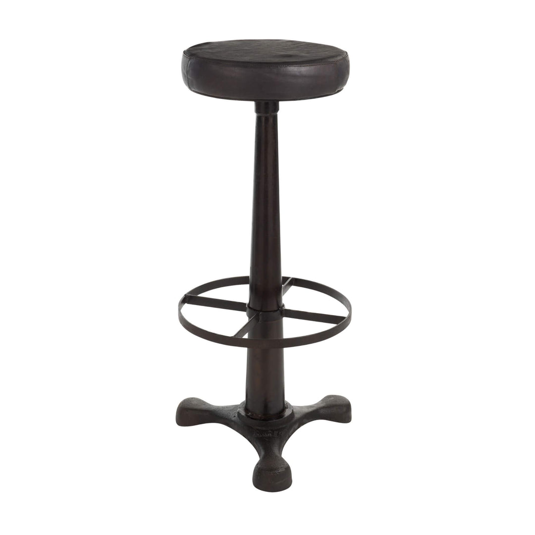Buffalo Bar Stool with dark leather seat and black iron base front view