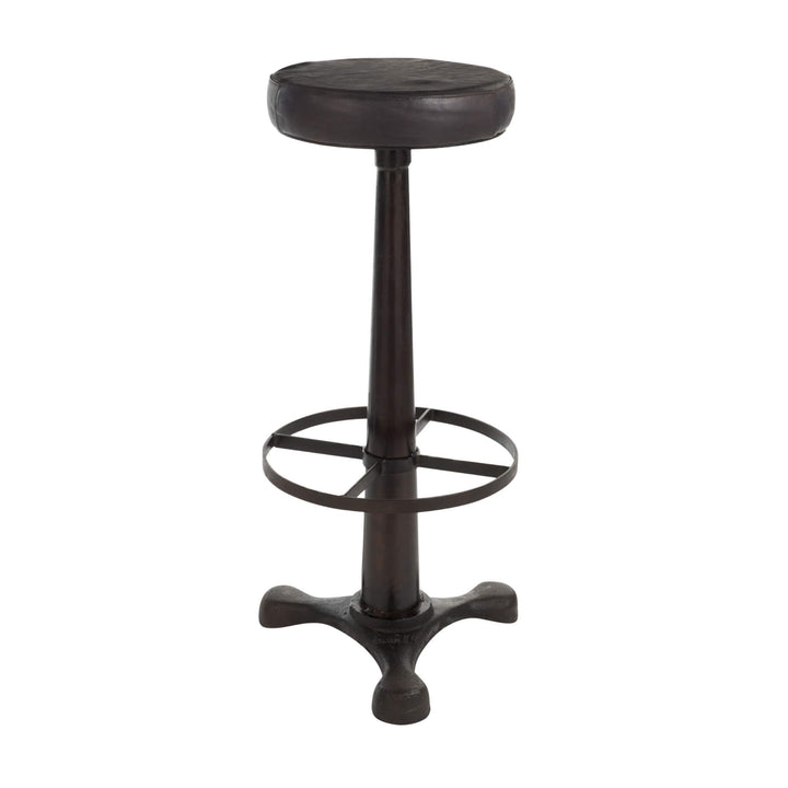 Buffalo Bar Stool with dark leather seat and black iron base front view