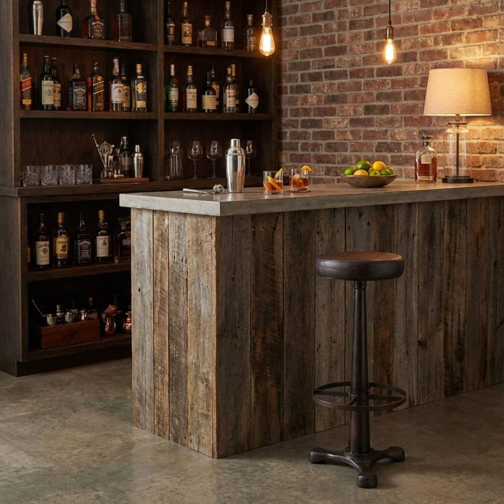 Wooden bar with liquor bottles, glasses, and a Buffallo bar stool in a rustic setting.