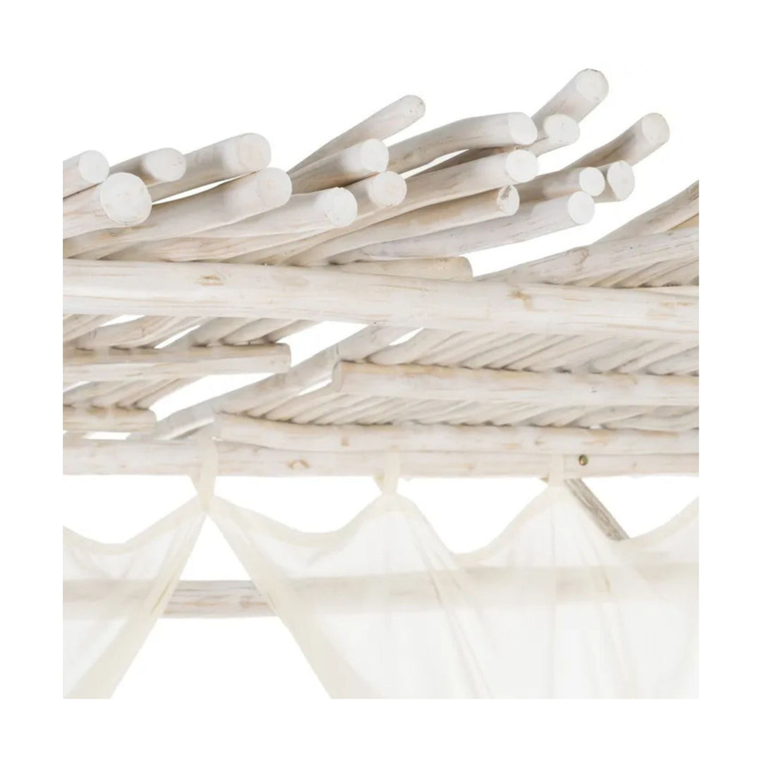 Cahya teak daybed angled view highlighting roof structure and flowing curtains