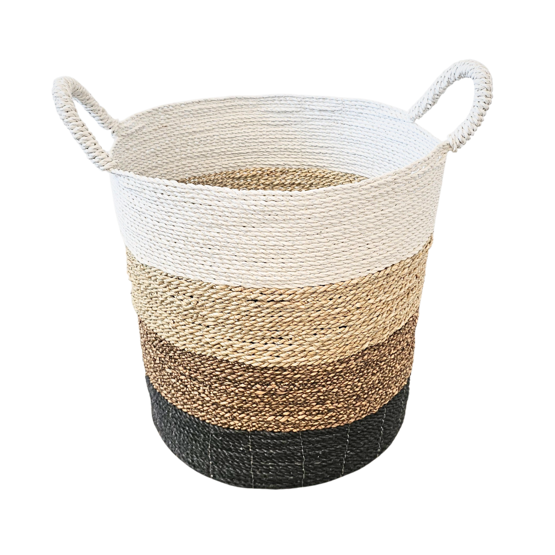 Single large Calanque Basket with striped seagrass weave and handles.