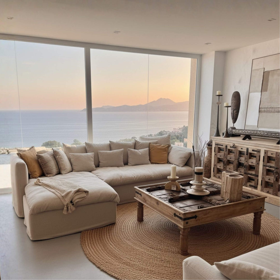 Cala Bianca Chaise Longue Sofa in natural 100% linen with reversible chaise.