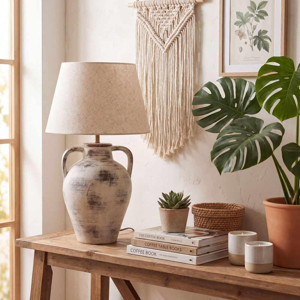 Styled interior setting featuring the Cala table lamp on a wooden console in a warm natural space.