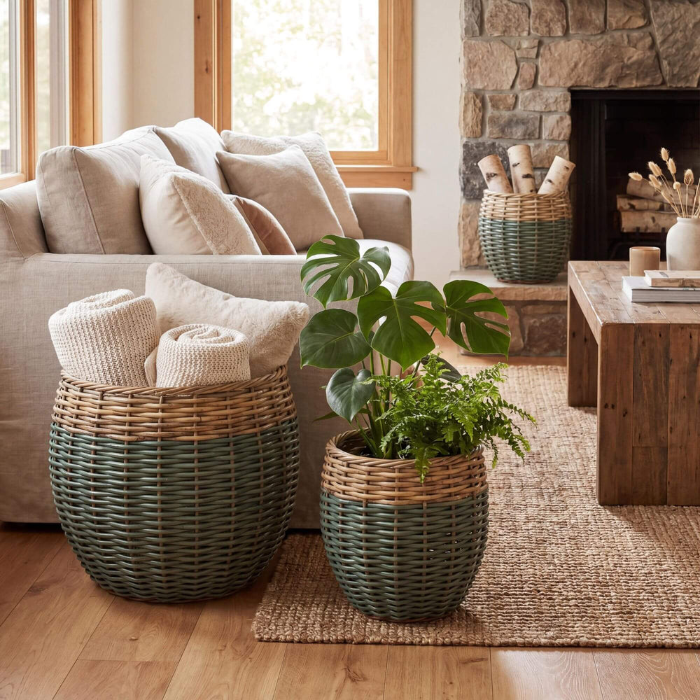 Styled interior setting featuring the Cala baskets used for storage in a warm natural living space.