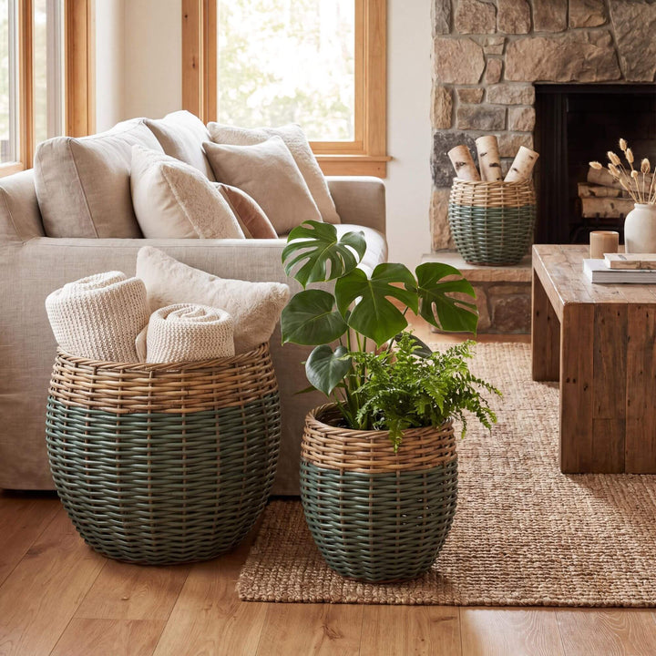 Styled interior setting featuring the Cala baskets used for storage in a warm natural living space.