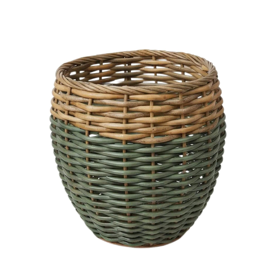 Front view of the medium basket showing its natural rim and soft green woven body.