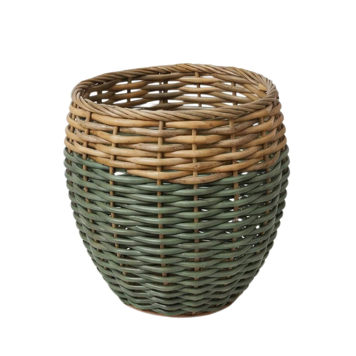 Front view of the medium basket showing its natural rim and soft green woven body.