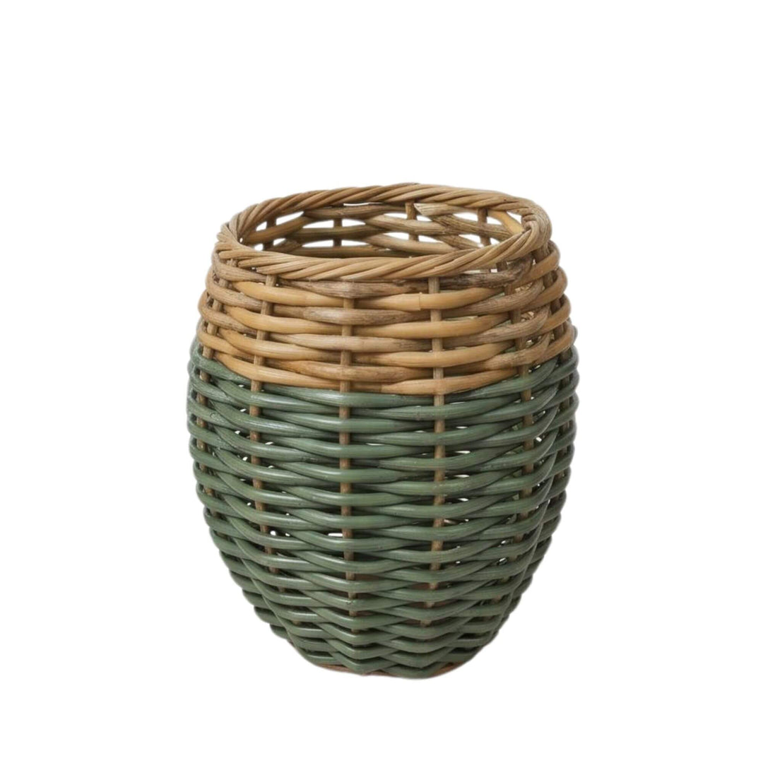 Front view of the small basket highlighting its compact rounded shape and two-tone weave.