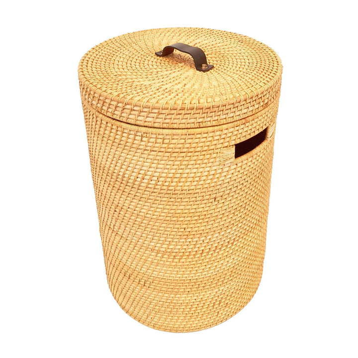Top view of Calcuta rattan laundry basket showing woven texture