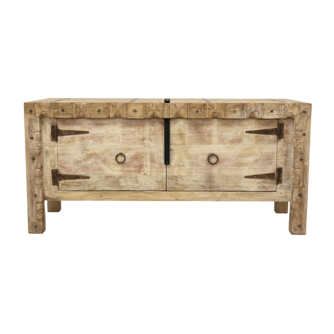 Front view of the Camtha Buffet showing natural reclaimed wood texture and rustic hardware.