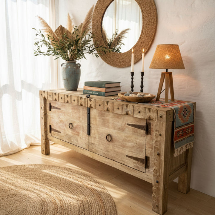 Styled interior with the Camtha Buffet decorated with accessories and warm lighting.