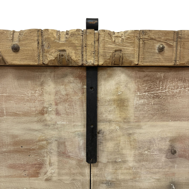 Close-up of the handcrafted reclaimed wood panels on the Camtha Buffet.