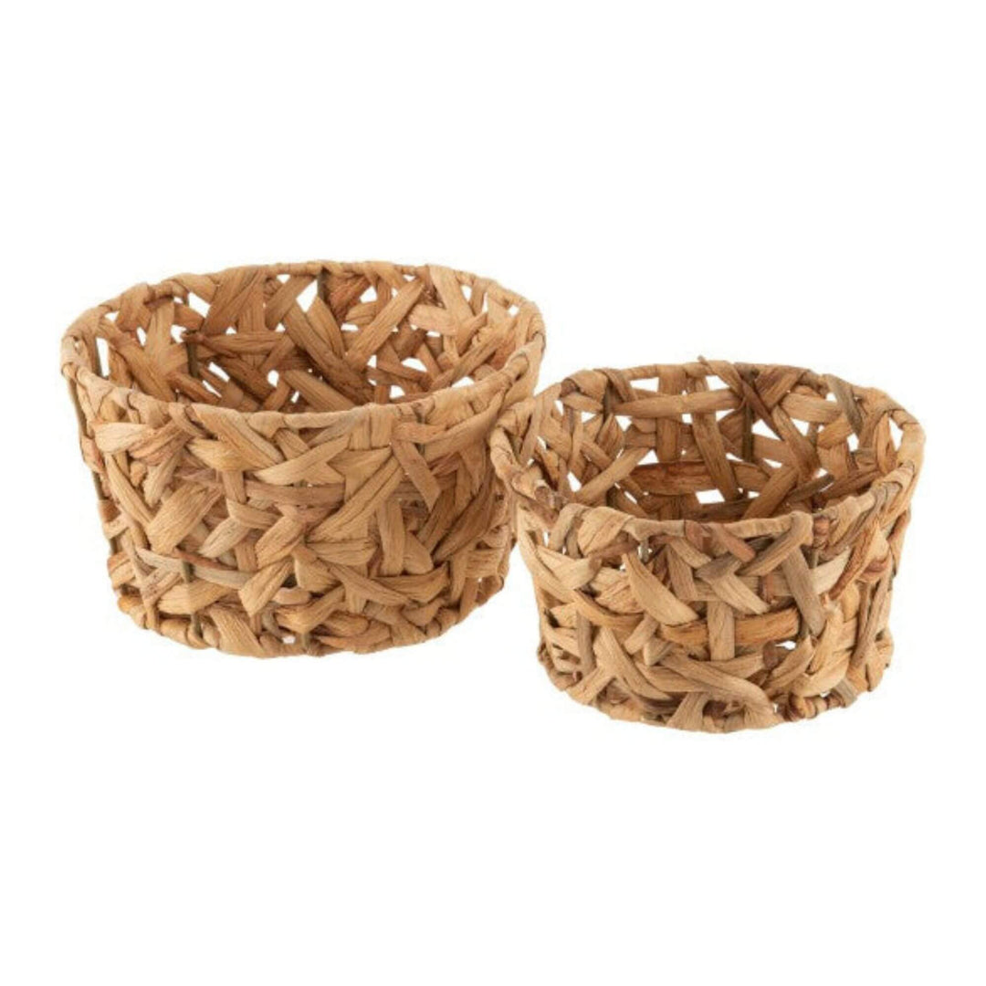 Cane basket set in palm leaf showing handwoven natural fiber design in two sizes