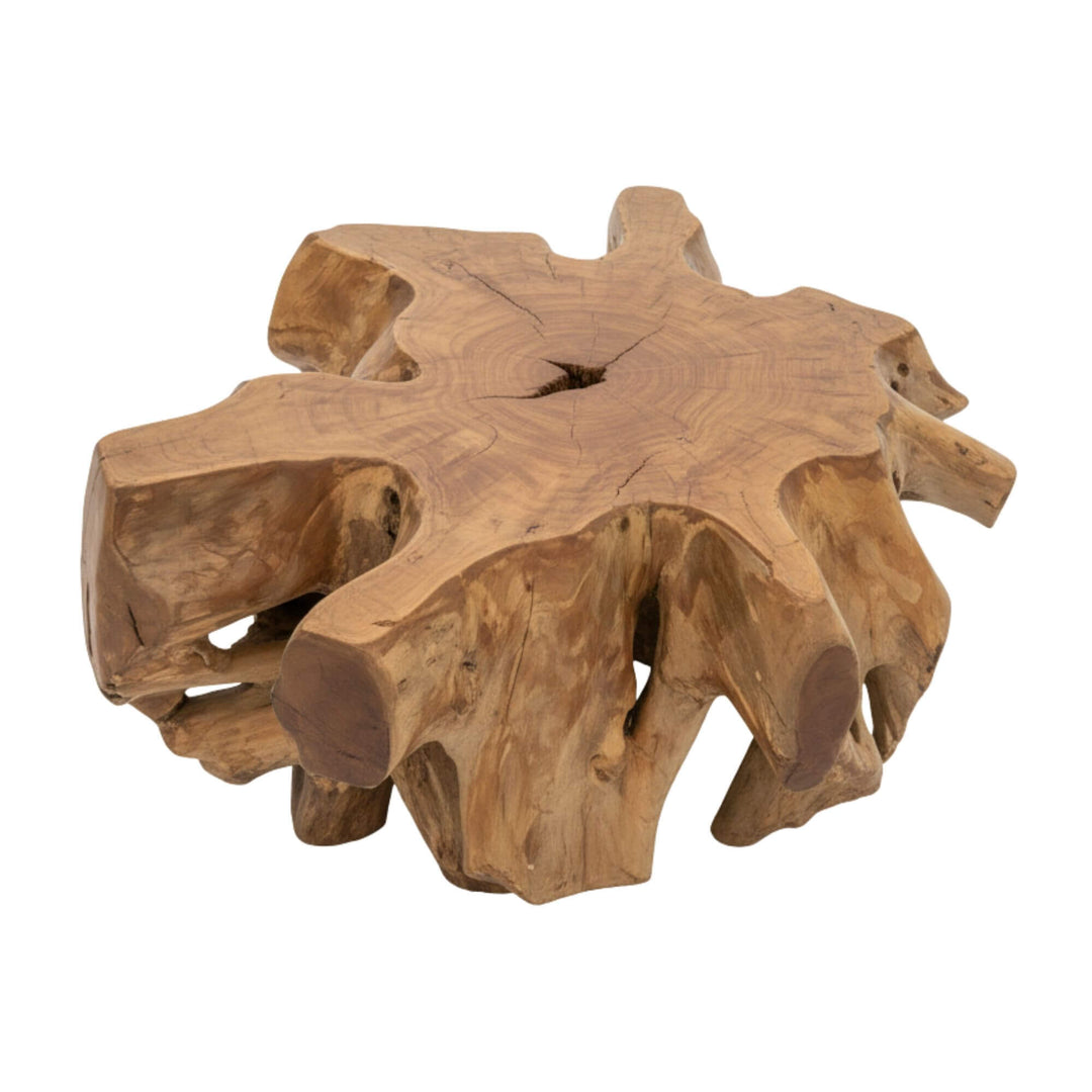 Front view of Canggu Round Coffee Table in solid teak root.