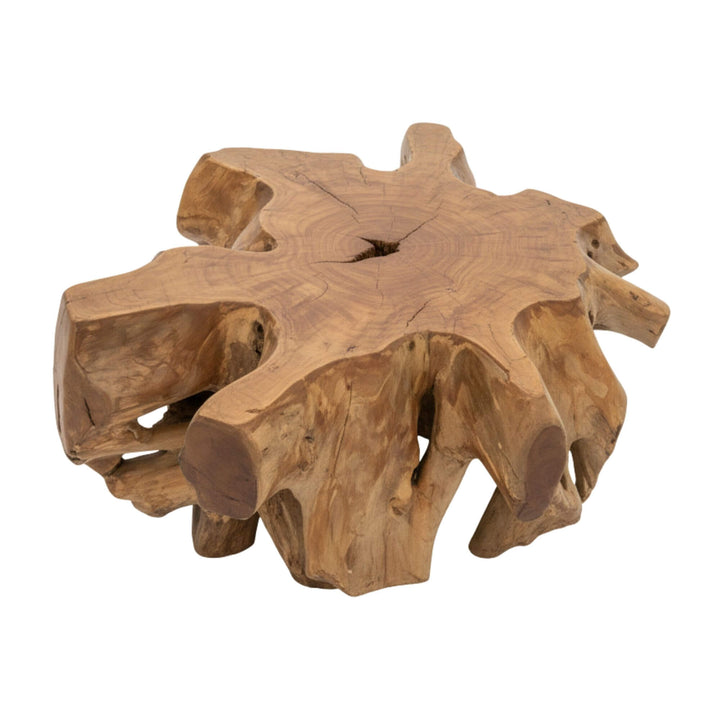 Front view of Canggu Round Coffee Table in solid teak root.