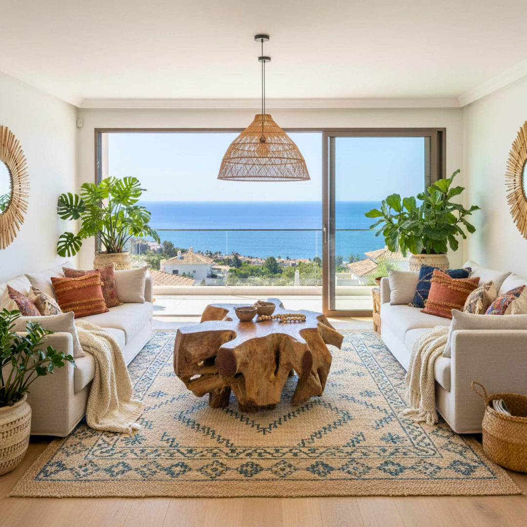 Coffee table styled in coastal living room with ocean view.