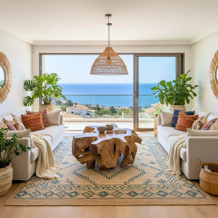 Coffee table styled in coastal living room with ocean view.