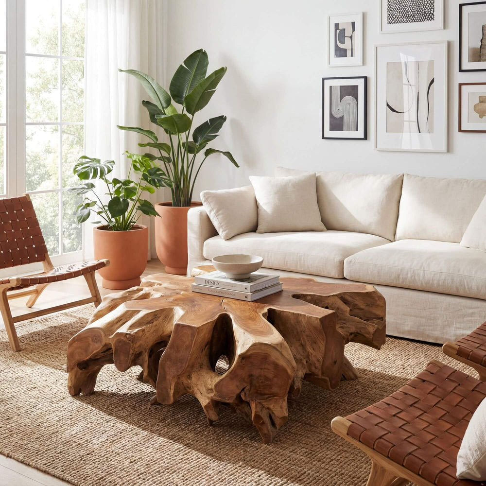 Styled living room setting featuring the Canggu teak root coffee table as a statement piece in a warm natural interior.