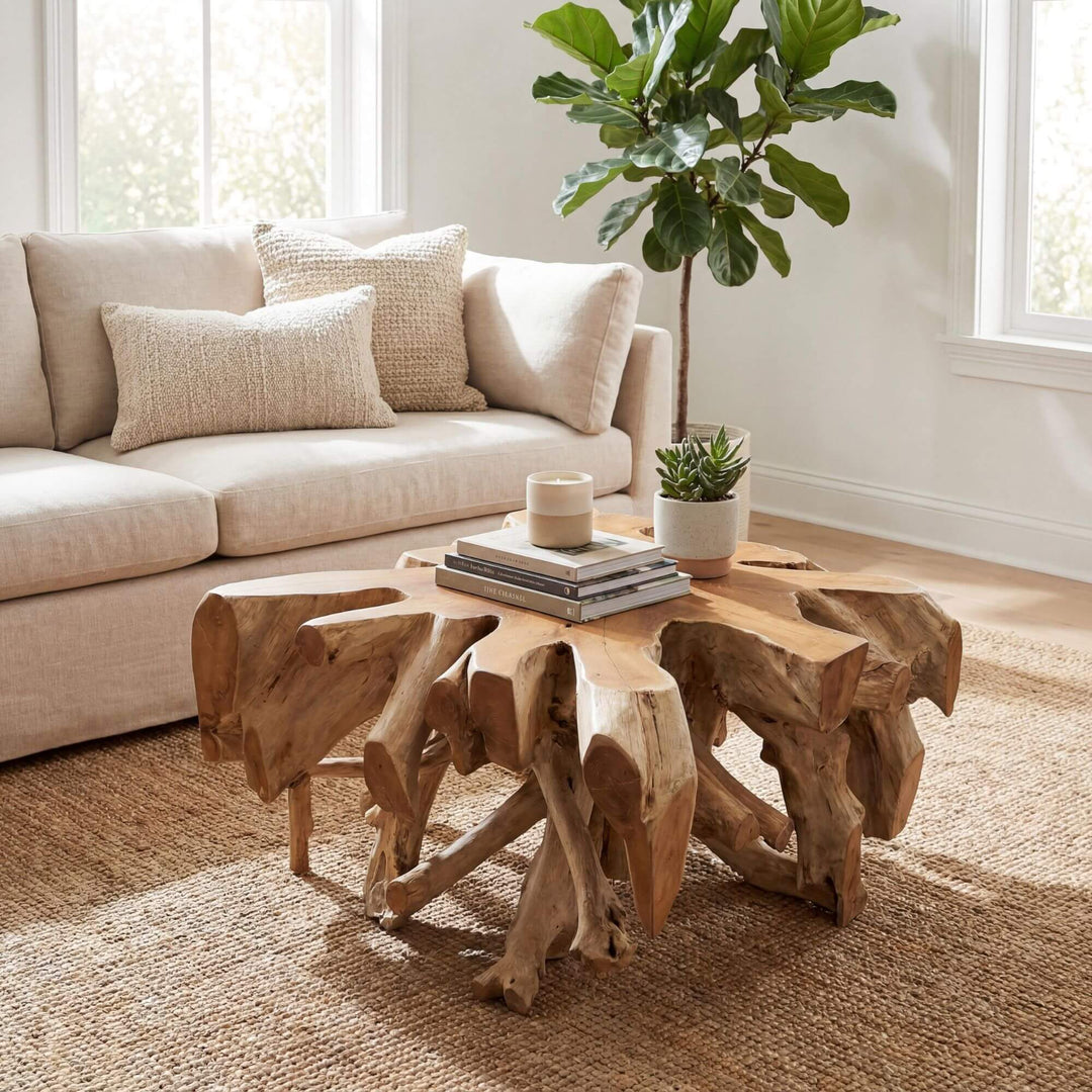 Styled living room setting featuring the smaller teak root table beside a sofa in a bright natural space.