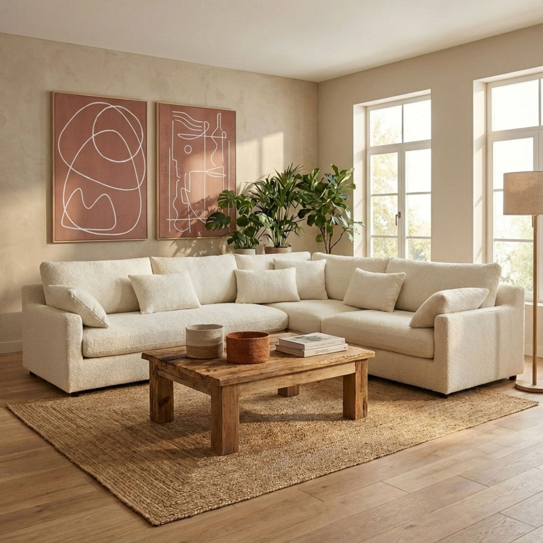 Styled interior view of Capri Corner Sofa placed in a bright living room, highlighting its spacious corner design.