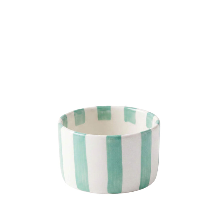 Front view of the Capri Stripes mini bowl showing its hand-painted green and white striped ceramic design.
