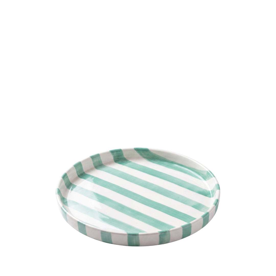 Front view of the smaller Capri Stripes plate showing its soft green diagonal striped ceramic design.