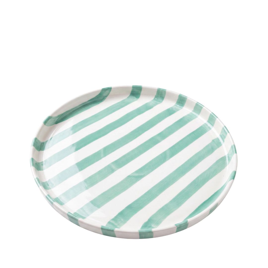 Front view of the larger Capri Stripes plate highlighting its wide round shape and hand-painted striped pattern.