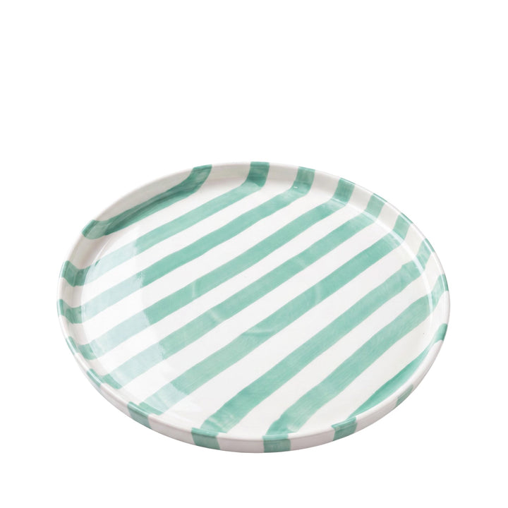 Front view of the larger Capri Stripes plate highlighting its wide round shape and hand-painted striped pattern.