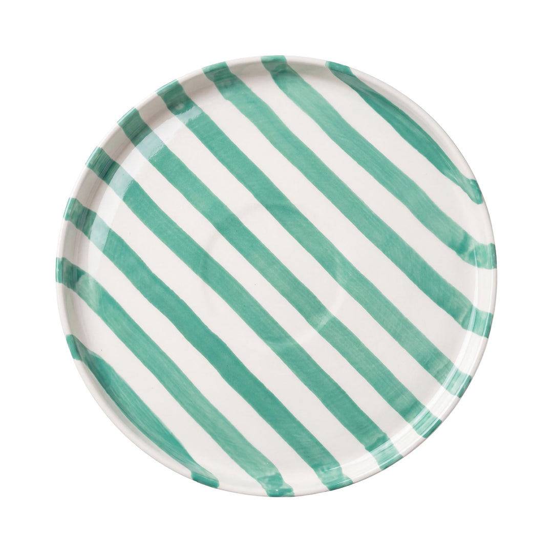 Top view of the Capri Stripes plate showing the hand-painted diagonal stripe pattern and glossy ceramic finish.